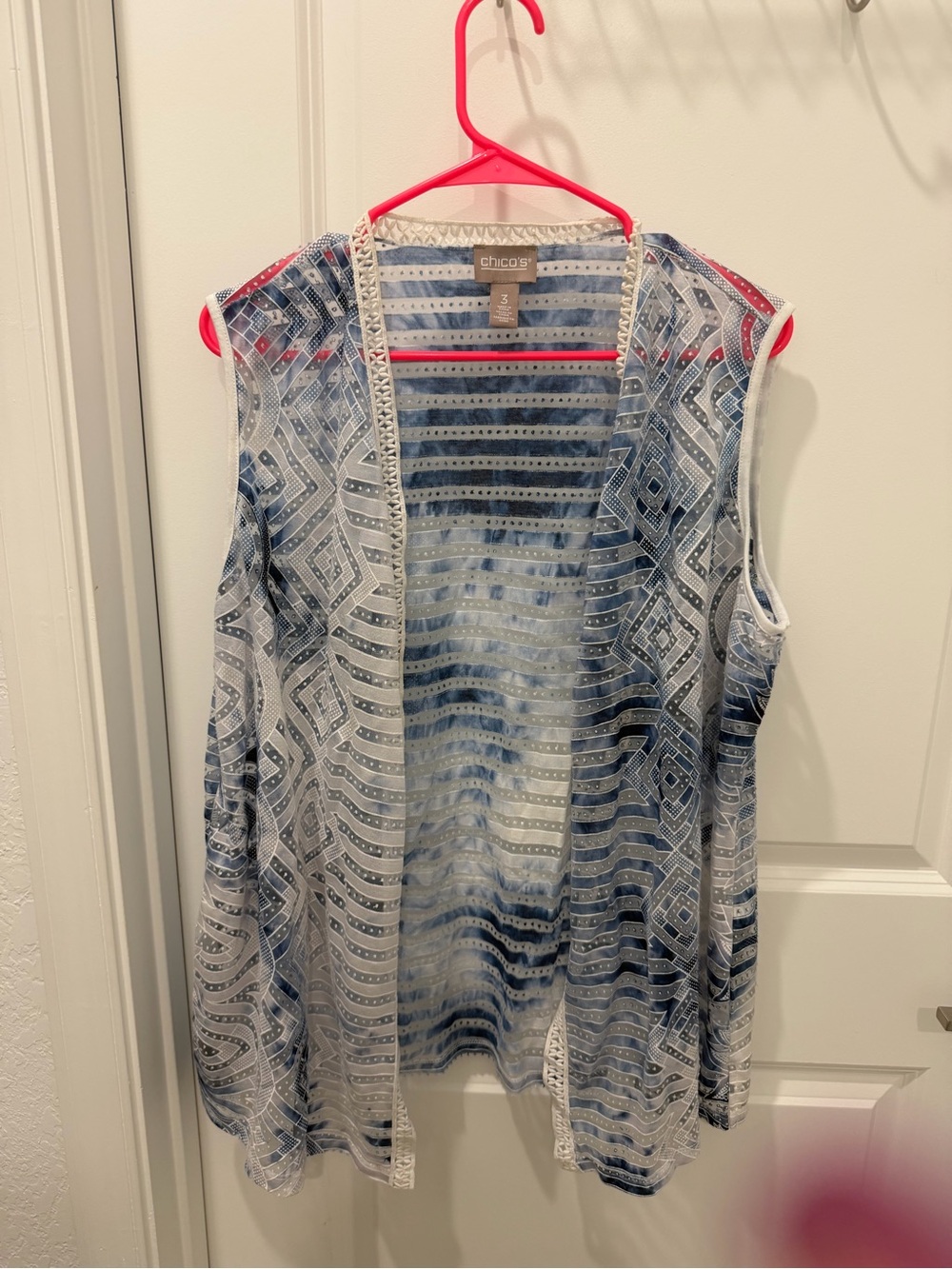 Chico's Blue and White Patterned Open-Front Cardigan